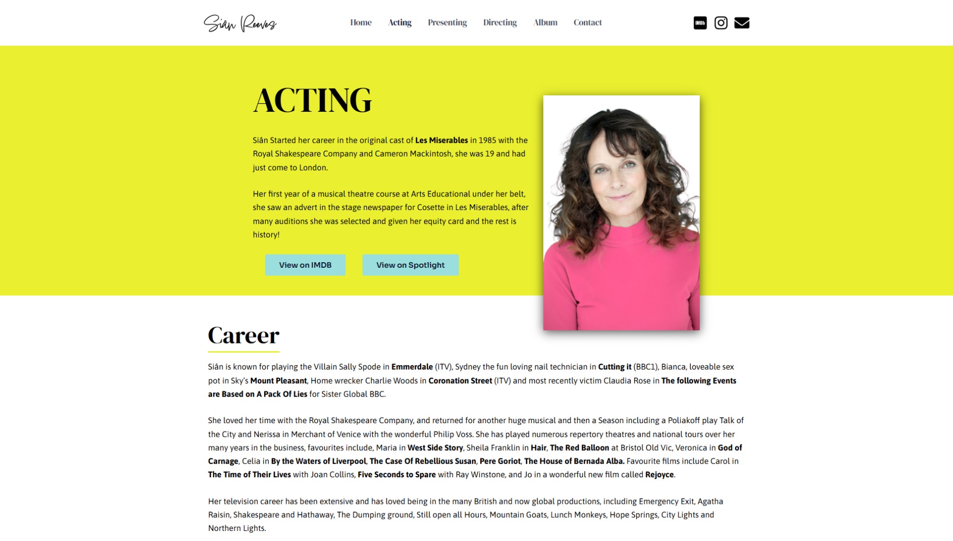 Sian Reeves Acting Page Screenshot